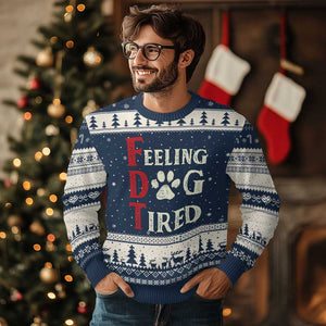 Feeling Dog Tired Ugly Christmas Sweater FDT Dogs Paw Sarcasm TS02 Navy Beige Print Your Wear