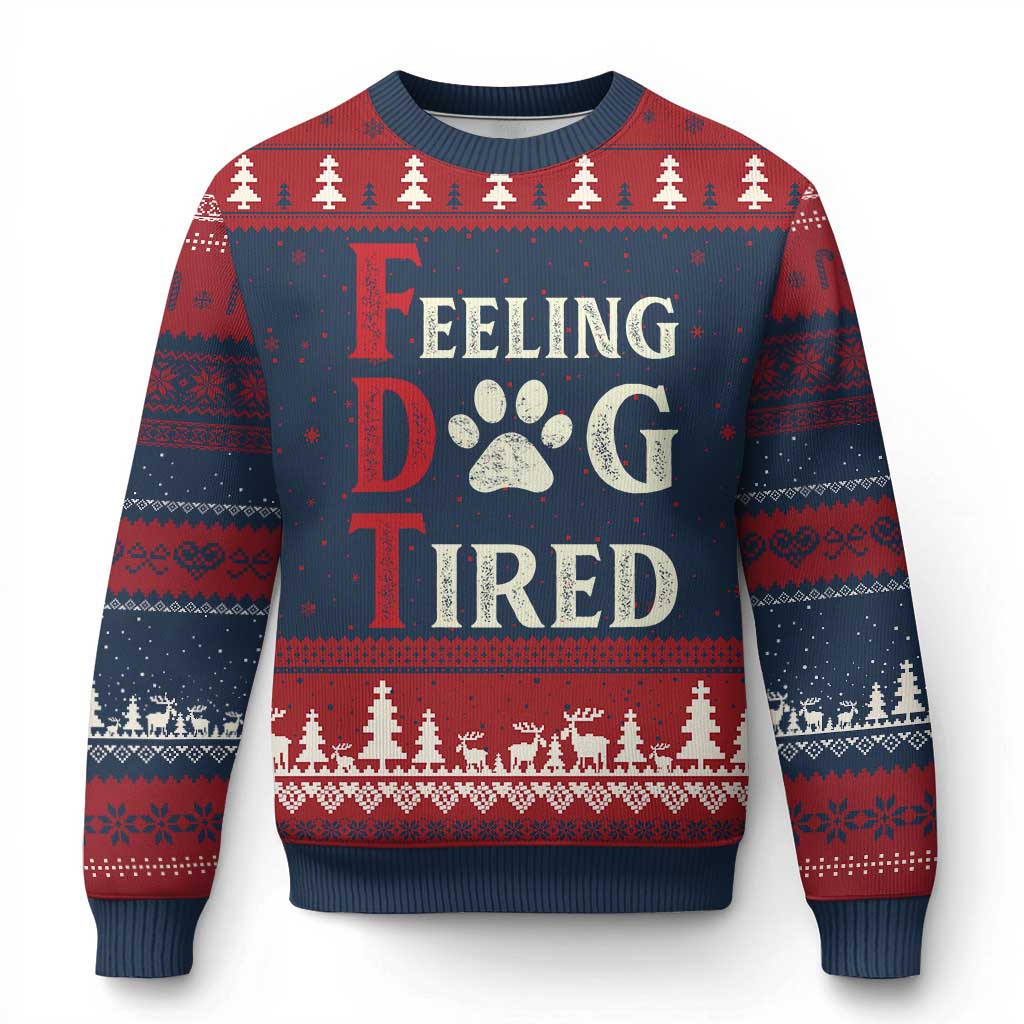 Feeling Dog Tired Ugly Christmas Sweater FDT Dogs Paw Sarcasm TS02 Navy Red Print Your Wear