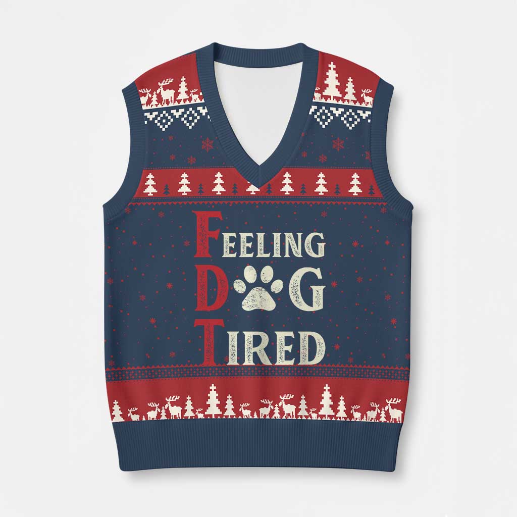 Feeling Dog Tired V-Neck Knit Sweater Vest FDT Dogs Paw Sarcasm TS02 Navy Red Print Your Wear