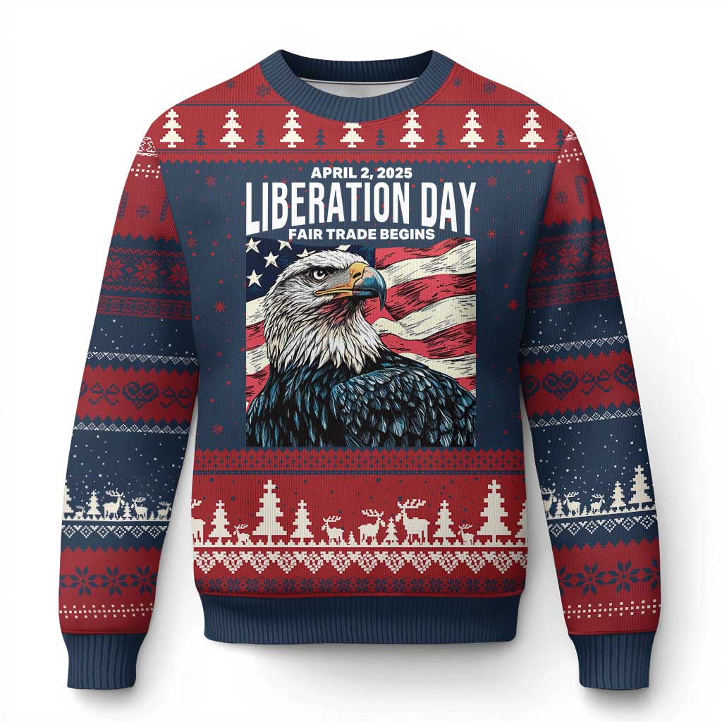 Liberation Day April 2 2025 Ugly Christmas Sweater Fair Trade Patriotic American Eagle USA Flag TS02 Navy Red Print Your Wear
