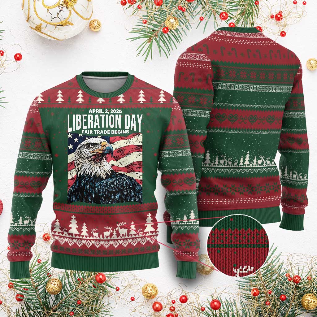 Liberation Day April 2 2025 Ugly Christmas Sweater Fair Trade Patriotic American Eagle USA Flag TS02 Red Green Print Your Wear