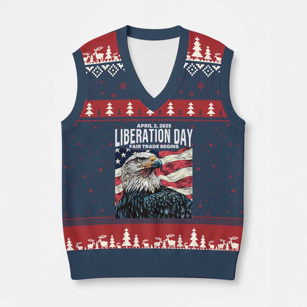 Liberation Day April 2 2025 V-Neck Knit Sweater Vest Fair Trade Patriotic American Eagle USA Flag TS02 Navy Red Print Your Wear