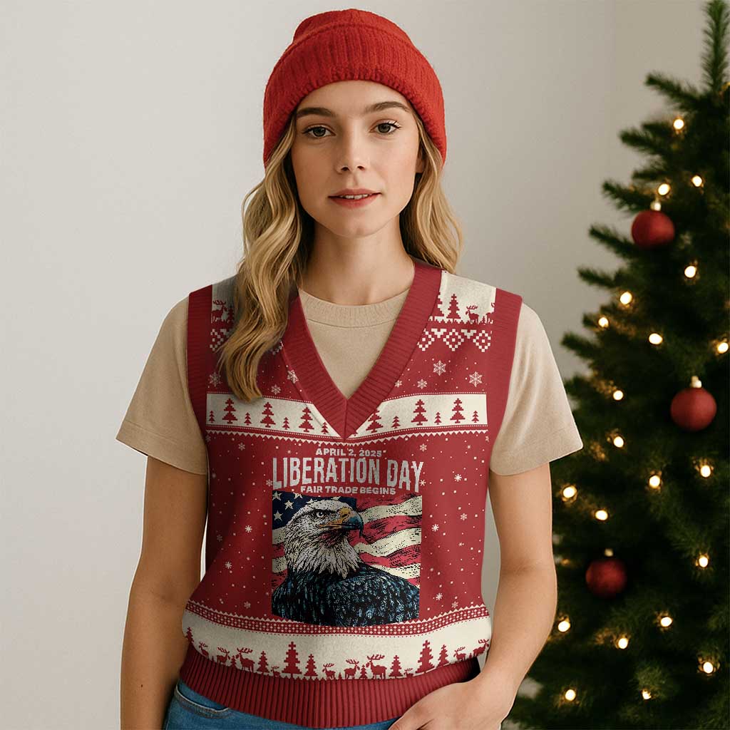 Liberation Day April 2 2025 V-Neck Knit Sweater Vest Fair Trade Patriotic American Eagle USA Flag TS02 Red Beige Print Your Wear