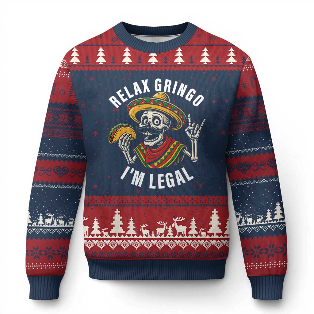 Cinco De Mayo Skeleton Ugly Christmas Sweater Relax Gringo I'm Legal Poncho TS02 Navy Red Print Your Wear
