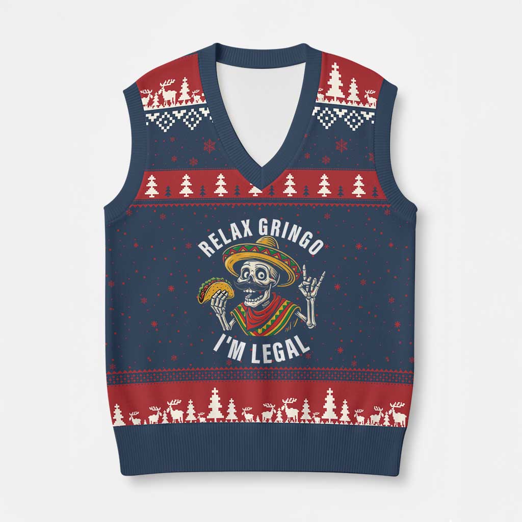 Cinco De Mayo Skeleton V-Neck Knit Sweater Vest Relax Gringo I'm Legal Poncho TS02 Navy Red Print Your Wear