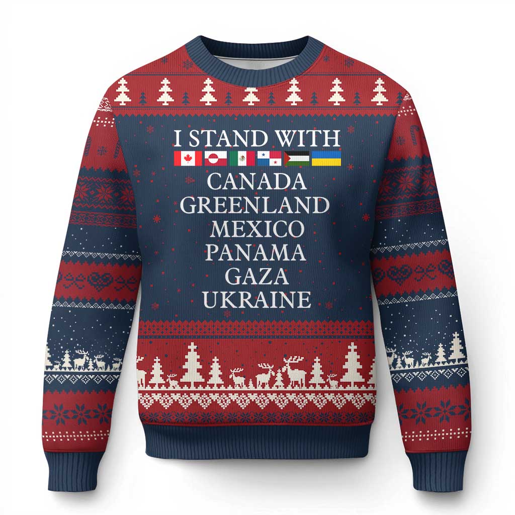 I Stand With Canada Greenland Mexico Panama Gaza Ukraine Ugly Christmas Sweater TS02 Navy Red Print Your Wear