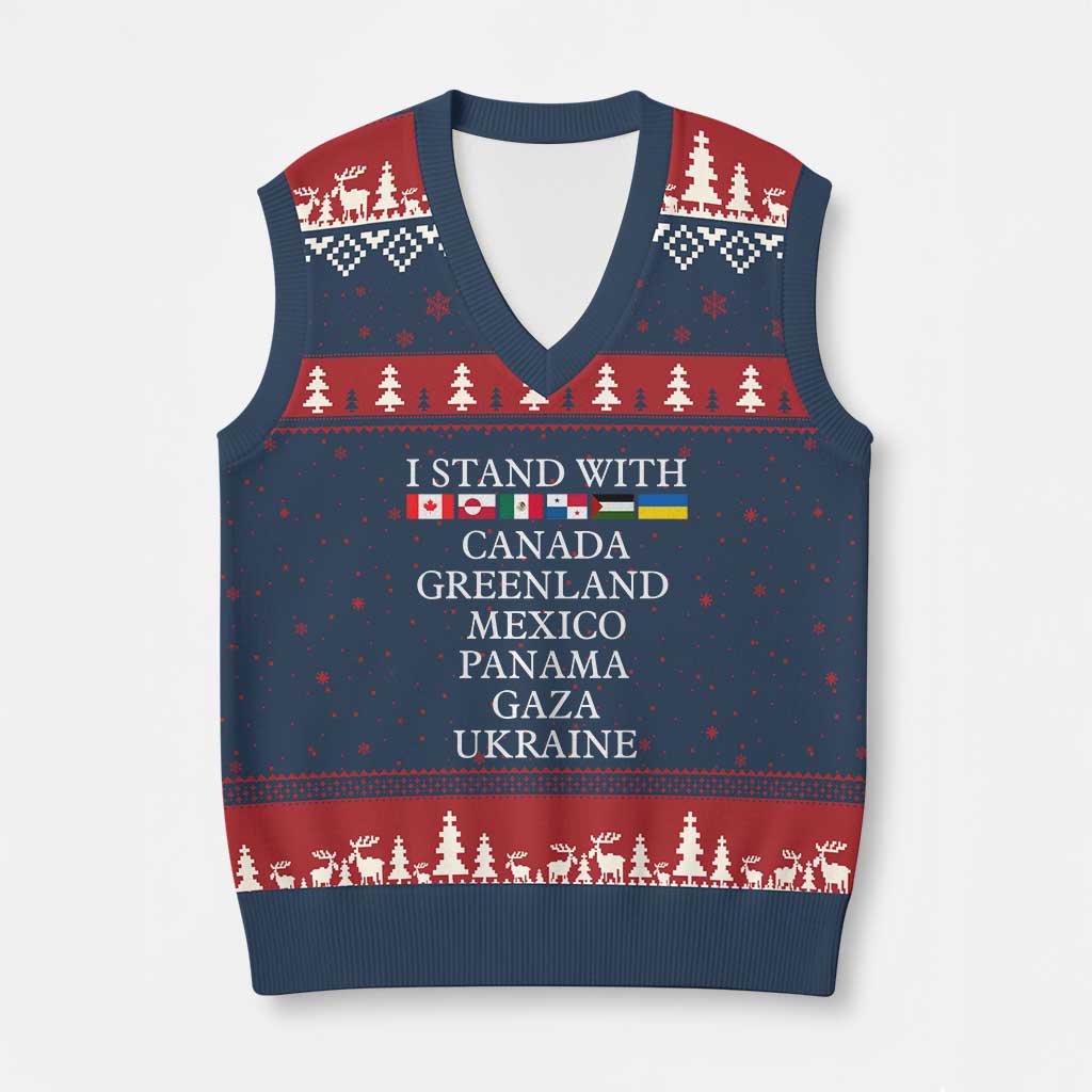 I Stand With Canada Greenland Mexico Panama Gaza Ukraine V-Neck Knit Sweater Vest TS02 Navy Red Print Your Wear