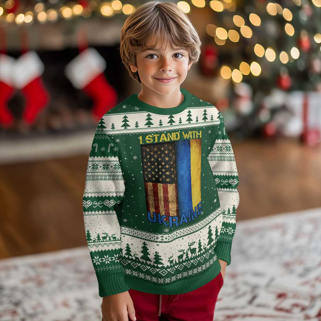 I Stand With Ukraine Ugly Christmas Sweater Ukrainian American Flag TS02 Forest Green Beige Print Your Wear