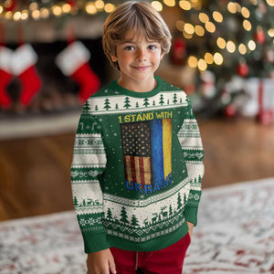 I Stand With Ukraine Ugly Christmas Sweater Ukrainian American Flag TS02 Forest Green Beige Print Your Wear
