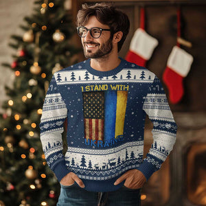 I Stand With Ukraine Ugly Christmas Sweater Ukrainian American Flag TS02 Navy Beige Print Your Wear