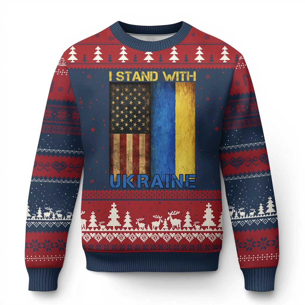 I Stand With Ukraine Ugly Christmas Sweater Ukrainian American Flag TS02 Navy Red Print Your Wear