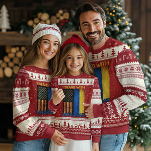 I Stand With Ukraine Ugly Christmas Sweater Ukrainian American Flag TS02 Red Beige Print Your Wear