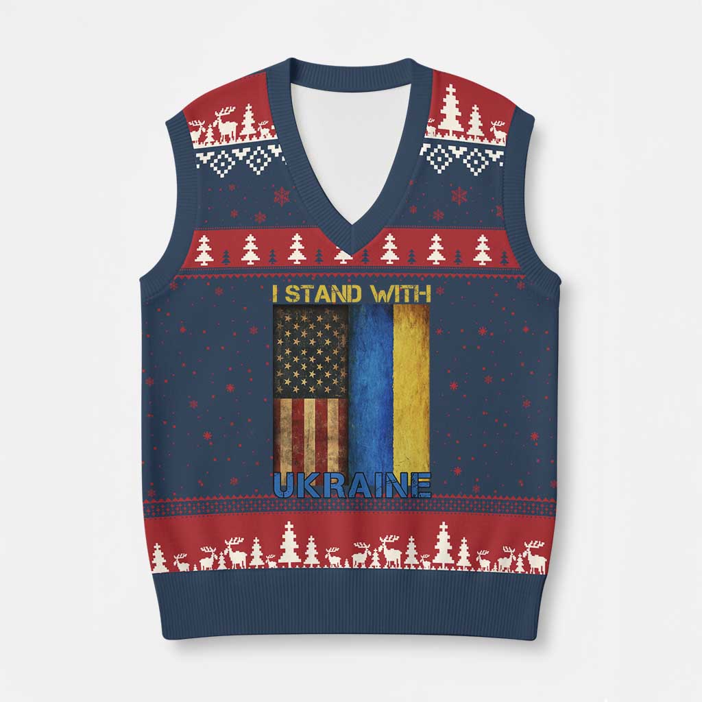 I Stand With Ukraine V-Neck Knit Sweater Vest Ukrainian American Flag TS02 Navy Red Print Your Wear