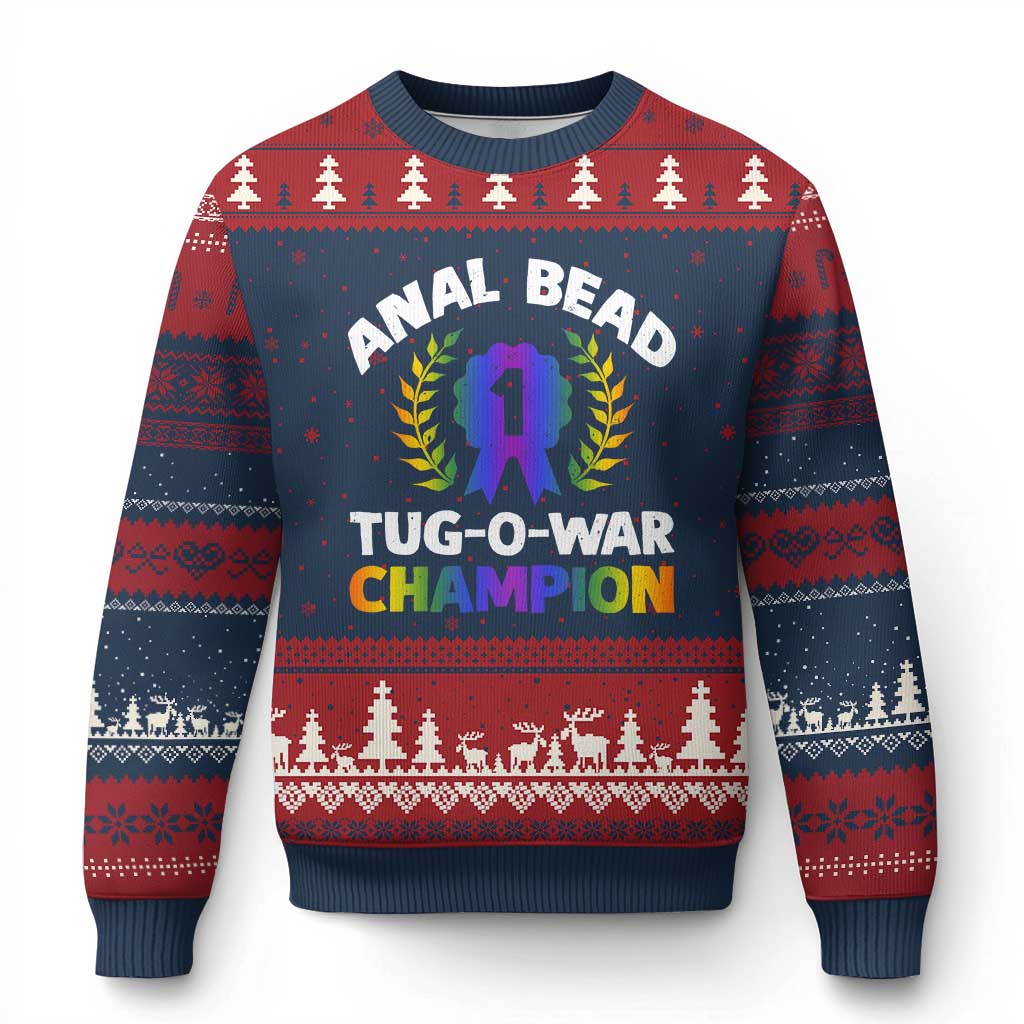 Anal Bead Tug O War Champion Funny Offensive Ugly Christmas Sweater Inappropriate Adult Humor Rainbow TS02 Navy Red Print Your Wear