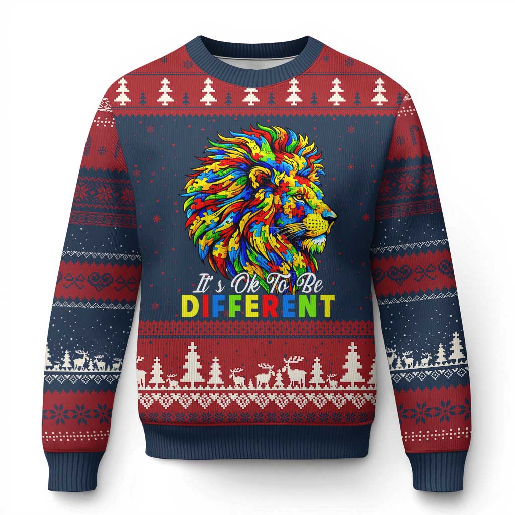 Colorful Autism Acceptance Lion Ugly Christmas Sweater It Is Ok To Be Different Courageous Neurodiversity Support TS02 Navy Red Print Your Wear