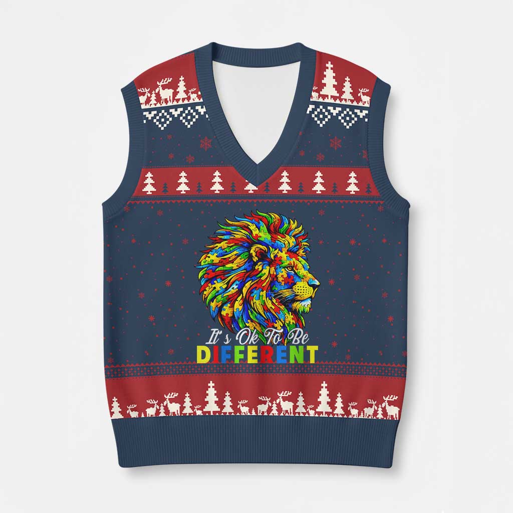Colorful Autism Acceptance Lion V-Neck Knit Sweater Vest It Is Ok To Be Different Courageous Neurodiversity Support TS02 Navy Red Print Your Wear