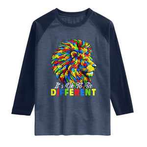 Colorful Autism Acceptance Lion Raglan Shirt It Is Ok To Be Different Courageous Neurodiversity Support TS02 Heather Denim Navy Print Your Wear