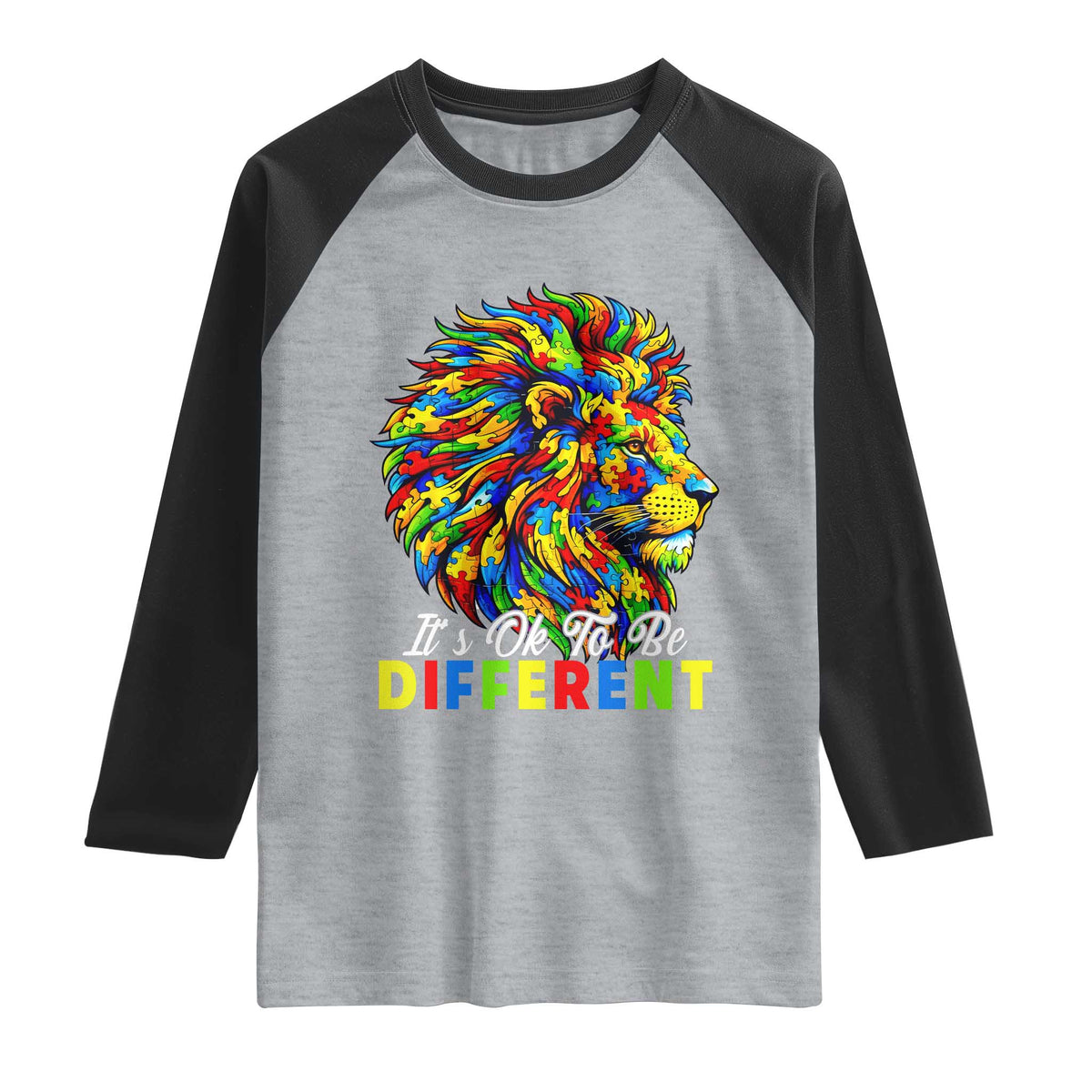 Colorful Autism Acceptance Lion Raglan Shirt It Is Ok To Be Different Courageous Neurodiversity Support TS02 Heather Gray Black Print Your Wear