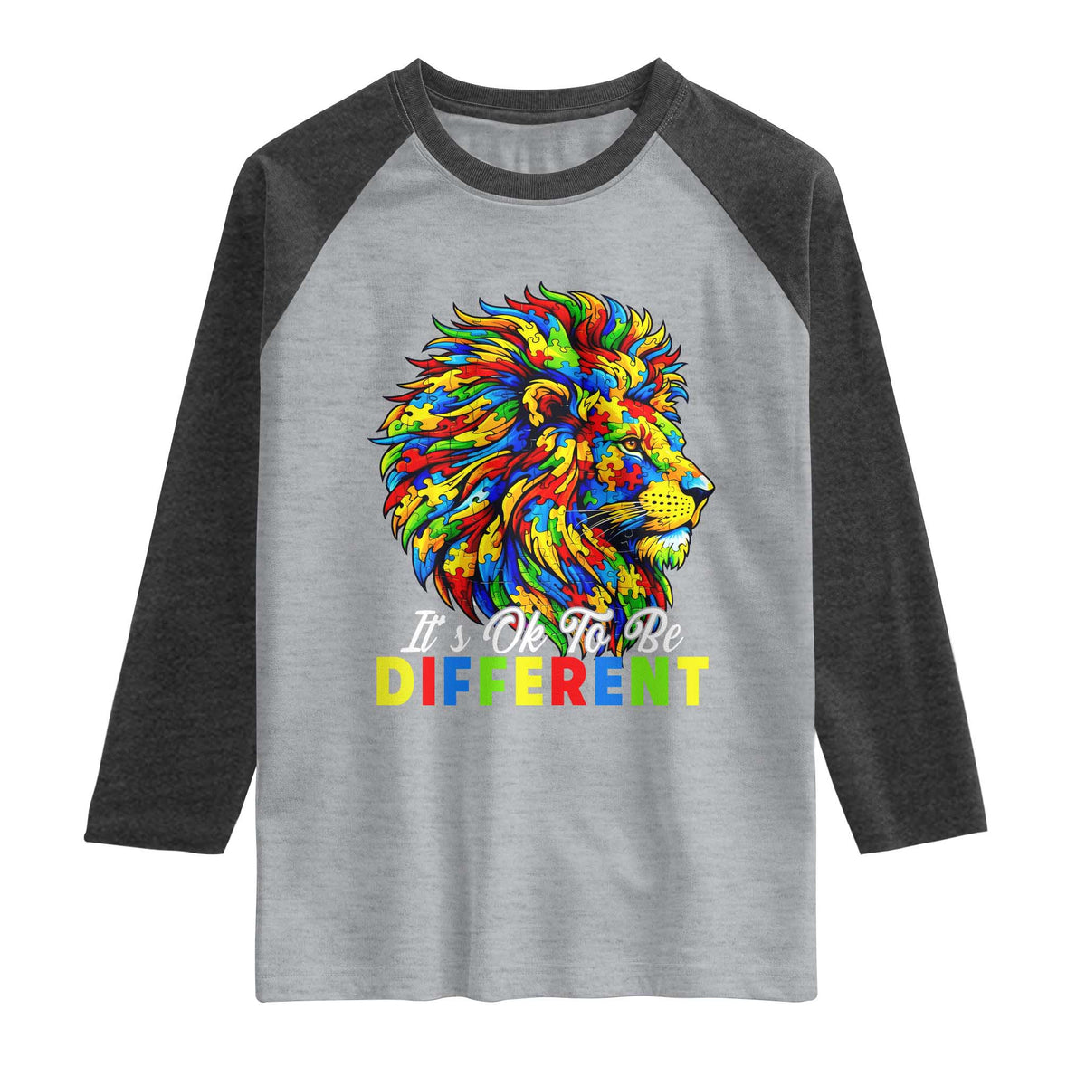 Colorful Autism Acceptance Lion Raglan Shirt It Is Ok To Be Different Courageous Neurodiversity Support TS02 Heather Gray Heather Charcoal Print Your Wear