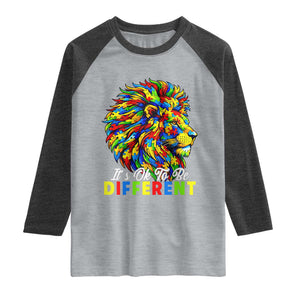Colorful Autism Acceptance Lion Raglan Shirt It Is Ok To Be Different Courageous Neurodiversity Support TS02 Heather Gray Heather Charcoal Print Your Wear