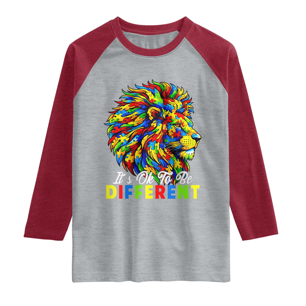 Colorful Autism Acceptance Lion Raglan Shirt It Is Ok To Be Different Courageous Neurodiversity Support TS02 Heather Gray Heather Red Print Your Wear