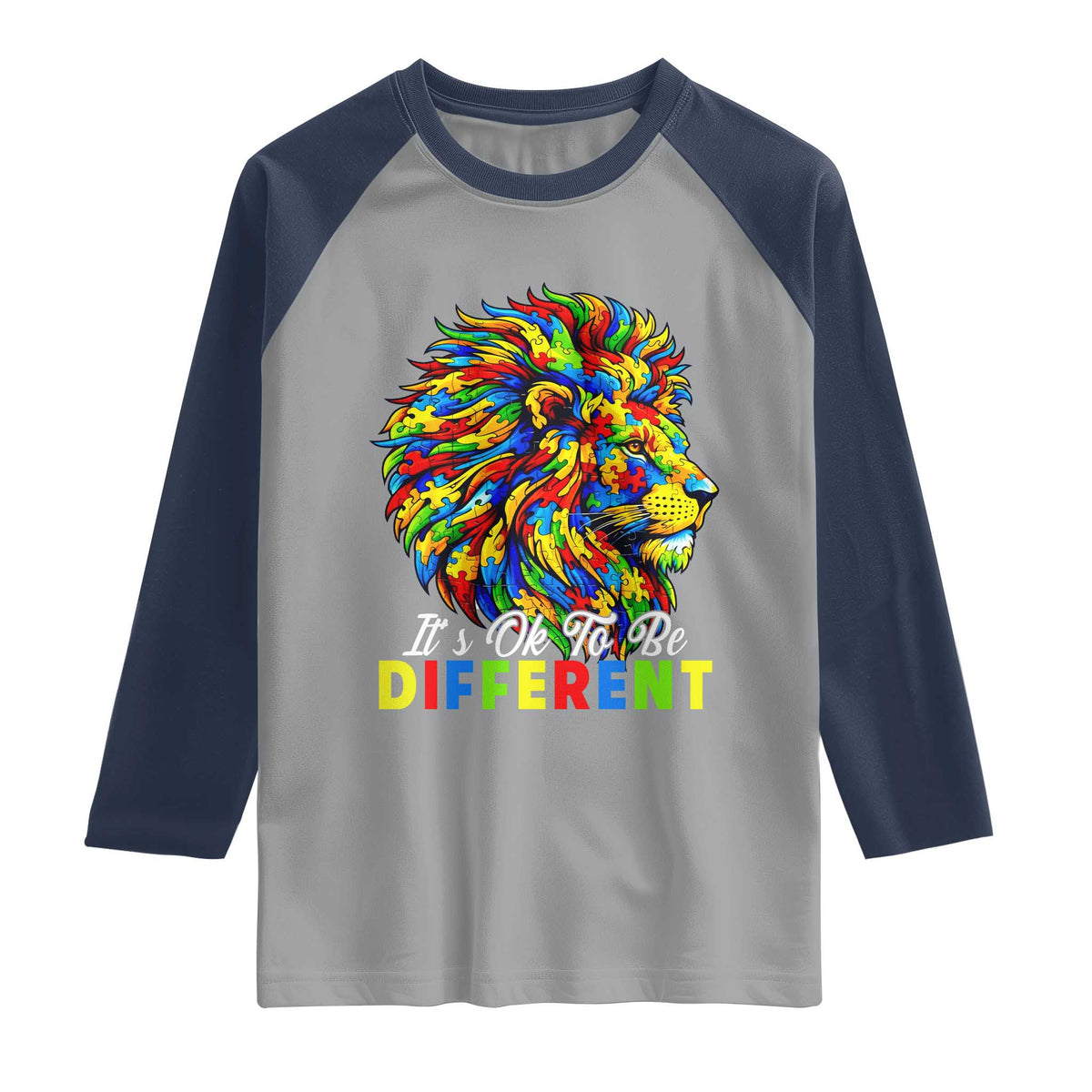 Colorful Autism Acceptance Lion Raglan Shirt It Is Ok To Be Different Courageous Neurodiversity Support TS02 Sport Gray Navy Print Your Wear