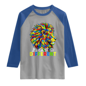 Colorful Autism Acceptance Lion Raglan Shirt It Is Ok To Be Different Courageous Neurodiversity Support TS02 Sport Gray Royal Print Your Wear