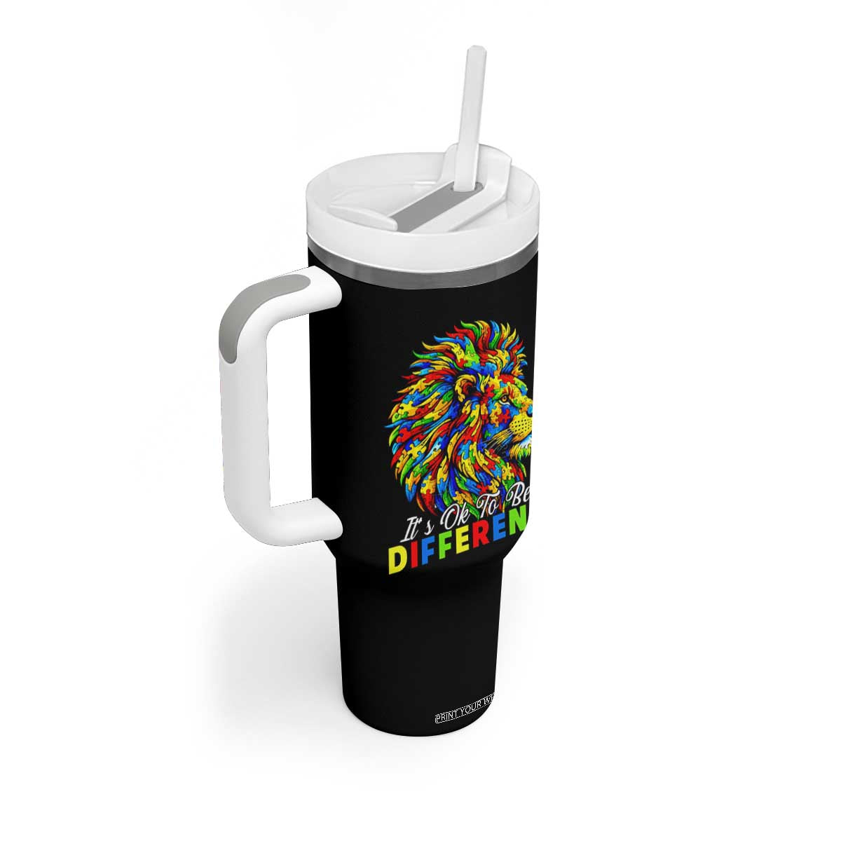 Colorful Autism Acceptance Lion Tumbler With Handle It Is Ok To Be Different Courageous Neurodiversity Support TS02 Print Your Wear