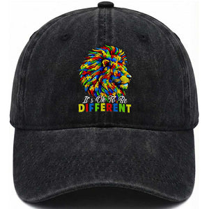 Colorful Autism Acceptance Lion Washed Cotton Baseball Cap It Is Ok To Be Different Courageous Neurodiversity Support TS02 Print Your Wear