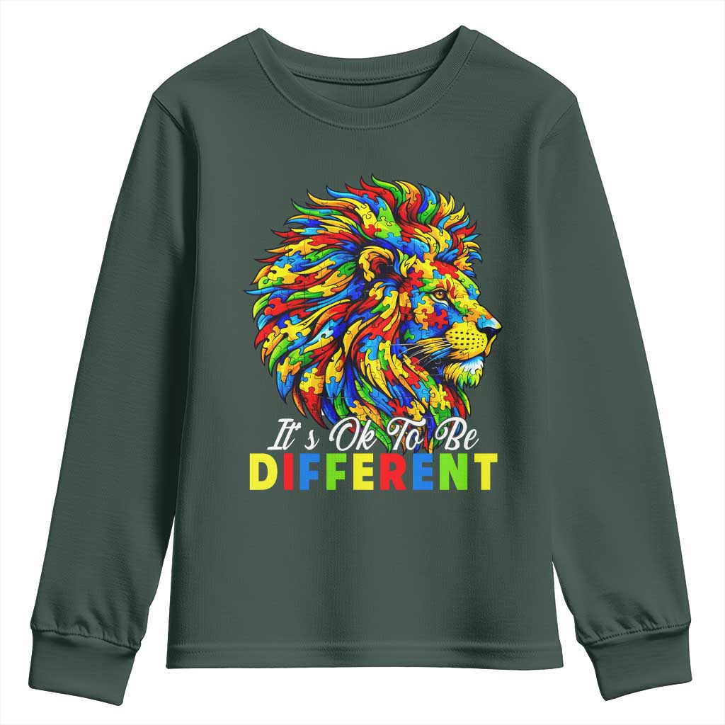 Colorful Autism Acceptance Lion Youth Sweatshirt It Is Ok To Be Different Courageous Neurodiversity Support TS02 Dark Forest Green Print Your Wear