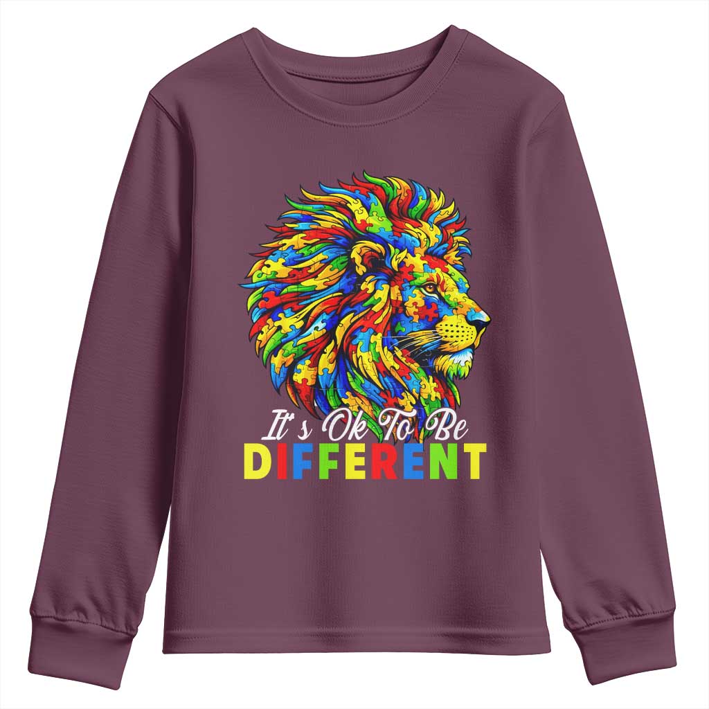 Colorful Autism Acceptance Lion Youth Sweatshirt It Is Ok To Be Different Courageous Neurodiversity Support TS02 Maroon Print Your Wear