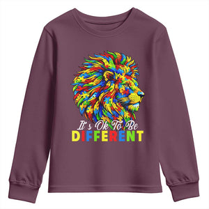 Colorful Autism Acceptance Lion Youth Sweatshirt It Is Ok To Be Different Courageous Neurodiversity Support TS02 Maroon Print Your Wear