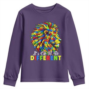 Colorful Autism Acceptance Lion Youth Sweatshirt It Is Ok To Be Different Courageous Neurodiversity Support TS02 Purple Print Your Wear