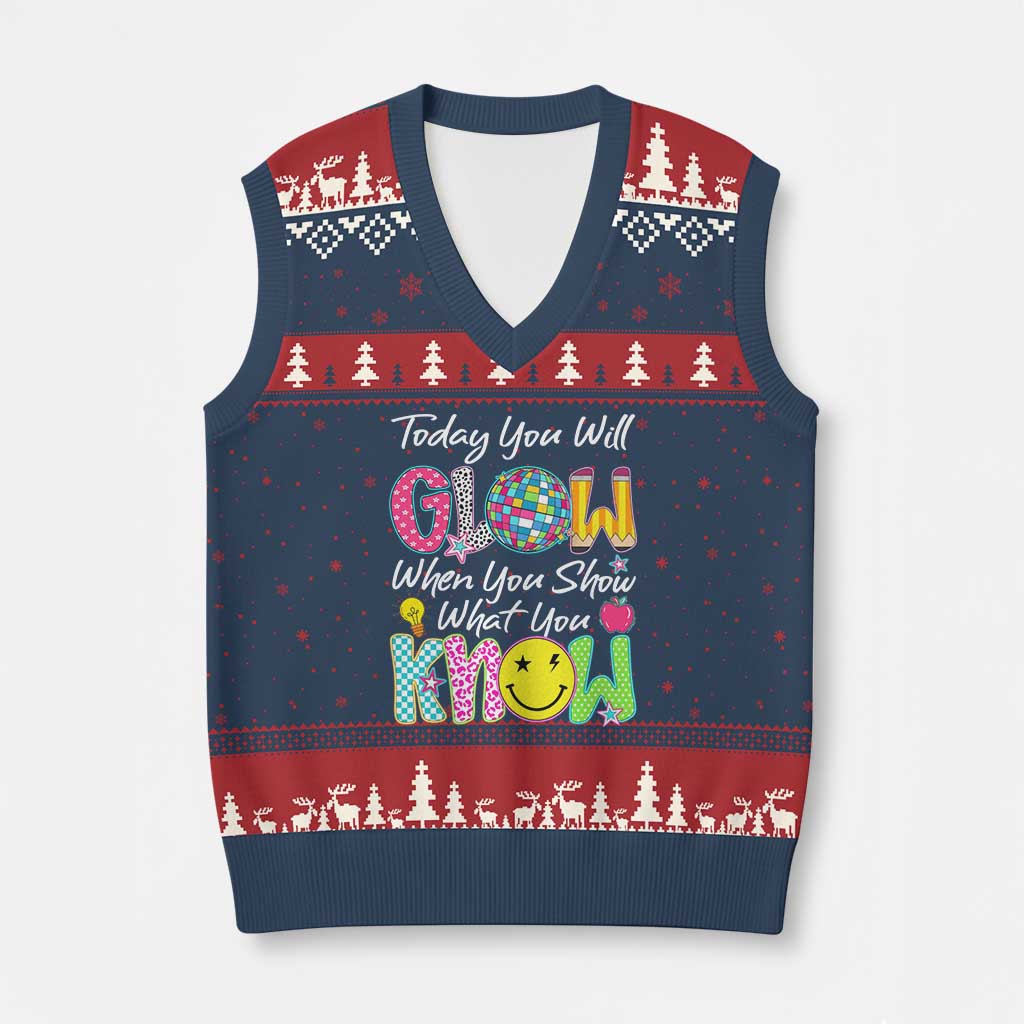 Motivational Test Day Glow V-Neck Knit Sweater Vest Today You Will Glow When You Show What You Know TS02 Navy Red Print Your Wear