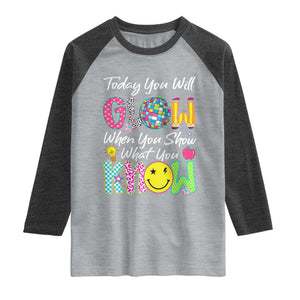 Motivational Test Day Glow Raglan Shirt Today You Will Glow When You Show What You Know TS02 Heather Gray Heather Charcoal Print Your Wear