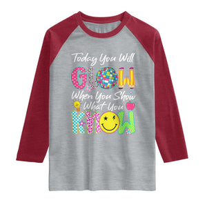 Motivational Test Day Glow Raglan Shirt Today You Will Glow When You Show What You Know TS02 Heather Gray Heather Red Print Your Wear