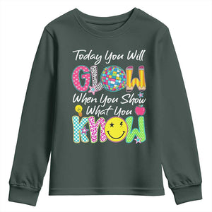 Motivational Test Day Glow Youth Sweatshirt Today You Will Glow When You Show What You Know TS02 Dark Forest Green Print Your Wear