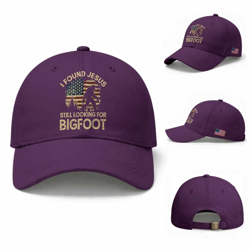 I Found Jesus Still Looking for Bigfoot Patriotic Baseball Cap American Flag Christian Religious Sasquatch Vintage TS02 Baseball Cap Universal Fit Purple Print Your Wear