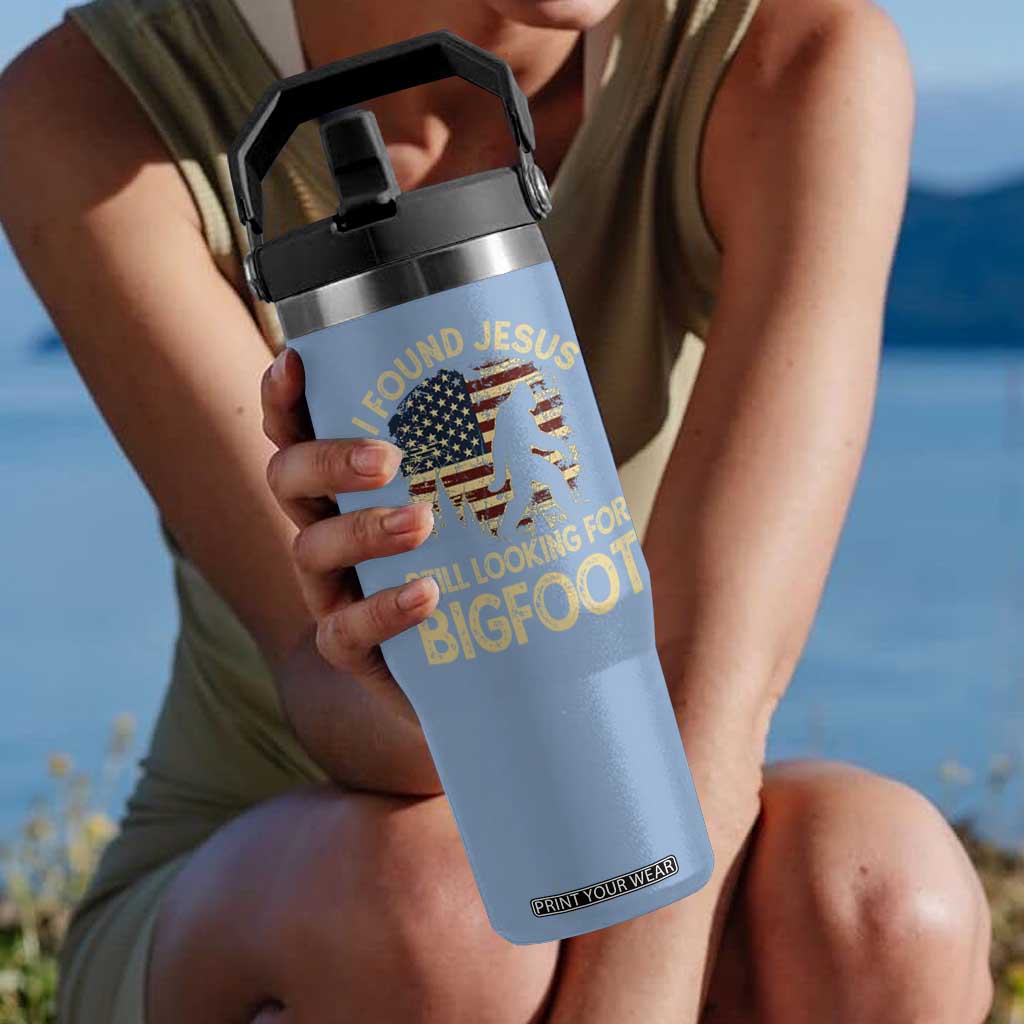 I Found Jesus Still Looking for Bigfoot Patriotic Flip Straw Tumbler American Flag Christian Religious Sasquatch Vintage TS02 One Size: 30 oz Light Blue Print Your Wear