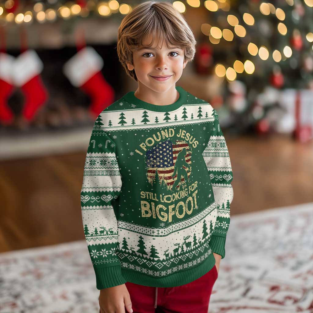 I Found Jesus Still Looking for Bigfoot Patriotic Ugly Christmas Sweater American Flag Christian Religious Sasquatch Vintage TS02 Forest Green Beige Print Your Wear