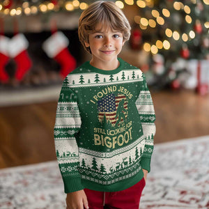 I Found Jesus Still Looking for Bigfoot Patriotic Ugly Christmas Sweater American Flag Christian Religious Sasquatch Vintage TS02 Forest Green Beige Print Your Wear