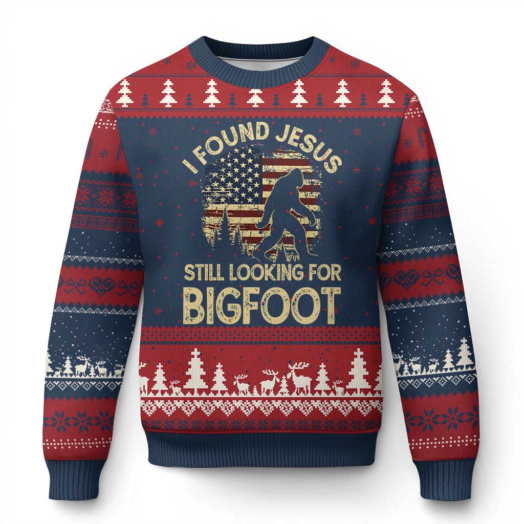 I Found Jesus Still Looking for Bigfoot Patriotic Ugly Christmas Sweater American Flag Christian Religious Sasquatch Vintage TS02 Navy Red Print Your Wear