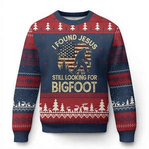 I Found Jesus Still Looking for Bigfoot Patriotic Ugly Christmas Sweater American Flag Christian Religious Sasquatch Vintage TS02 Navy Red Print Your Wear