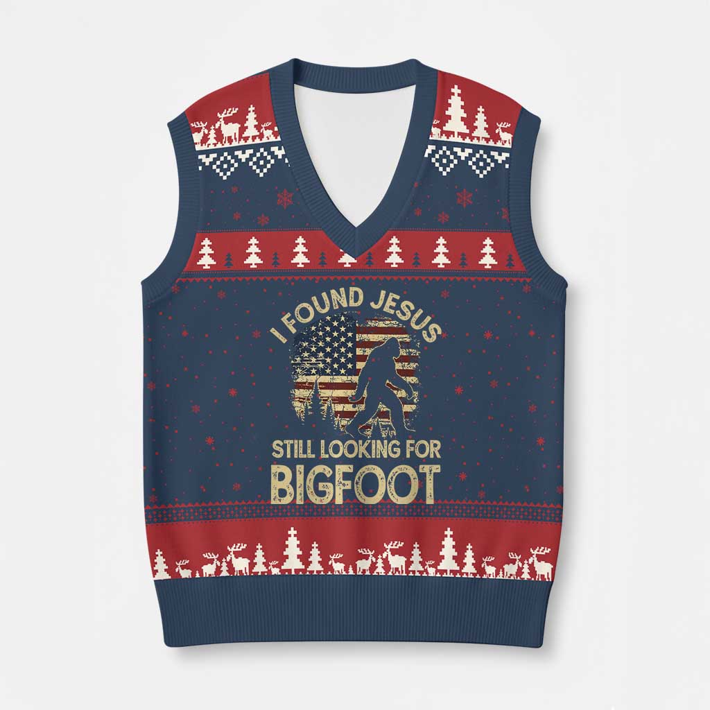 I Found Jesus Still Looking for Bigfoot Patriotic V-Neck Knit Sweater Vest American Flag Christian Religious Sasquatch Vintage TS02 Navy Red Print Your Wear