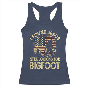 I Found Jesus Still Looking for Bigfoot Patriotic Racerback Tank Top American Flag Christian Religious Sasquatch Vintage TS02 Navy Print Your Wear
