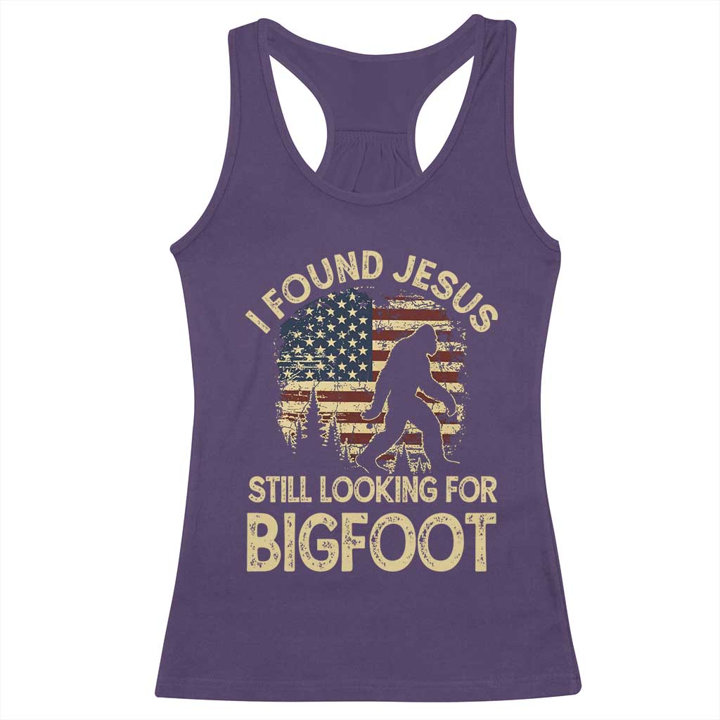 I Found Jesus Still Looking for Bigfoot Patriotic Racerback Tank Top American Flag Christian Religious Sasquatch Vintage TS02 Purple Print Your Wear
