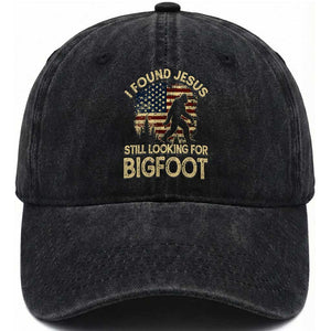 I Found Jesus Still Looking for Bigfoot Patriotic Washed Cotton Baseball Cap American Flag Christian Religious Sasquatch Vintage TS02 Print Your Wear