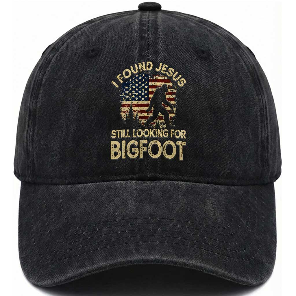 I Found Jesus Still Looking for Bigfoot Patriotic Washed Cotton Baseball Cap American Flag Christian Religious Sasquatch Vintage TS02 Print Your Wear