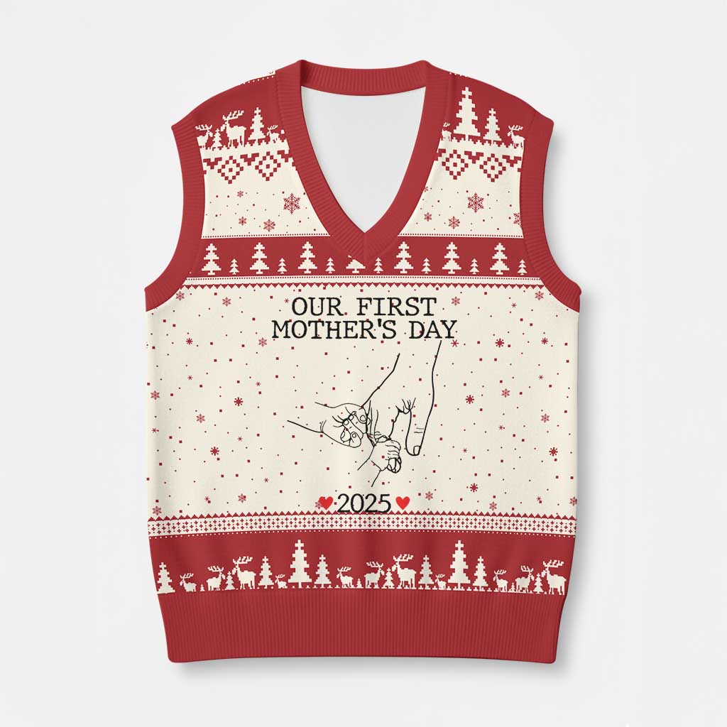 New Mom of Twins Est. 2025 V-Neck Knit Sweater Vest First Mothers Day Matching Gift Light TS02 Beige Red Print Your Wear
