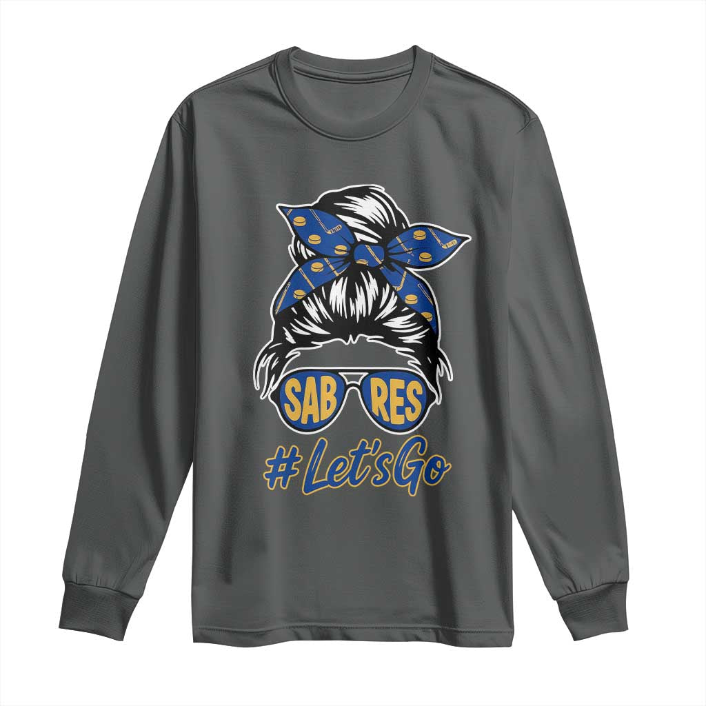 Lets Go Hockey Mom Long Sleeve Shirt Buffalo Messy Bun Sunglasses Sports Fan TS02 Dark Heather Print Your Wear